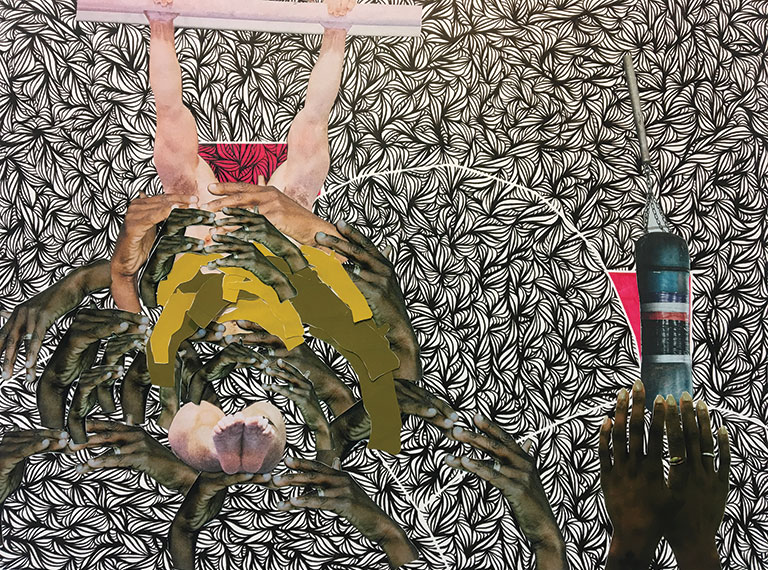 An abstract collage of a black and white patterned background with various hands cut out and placed on top.