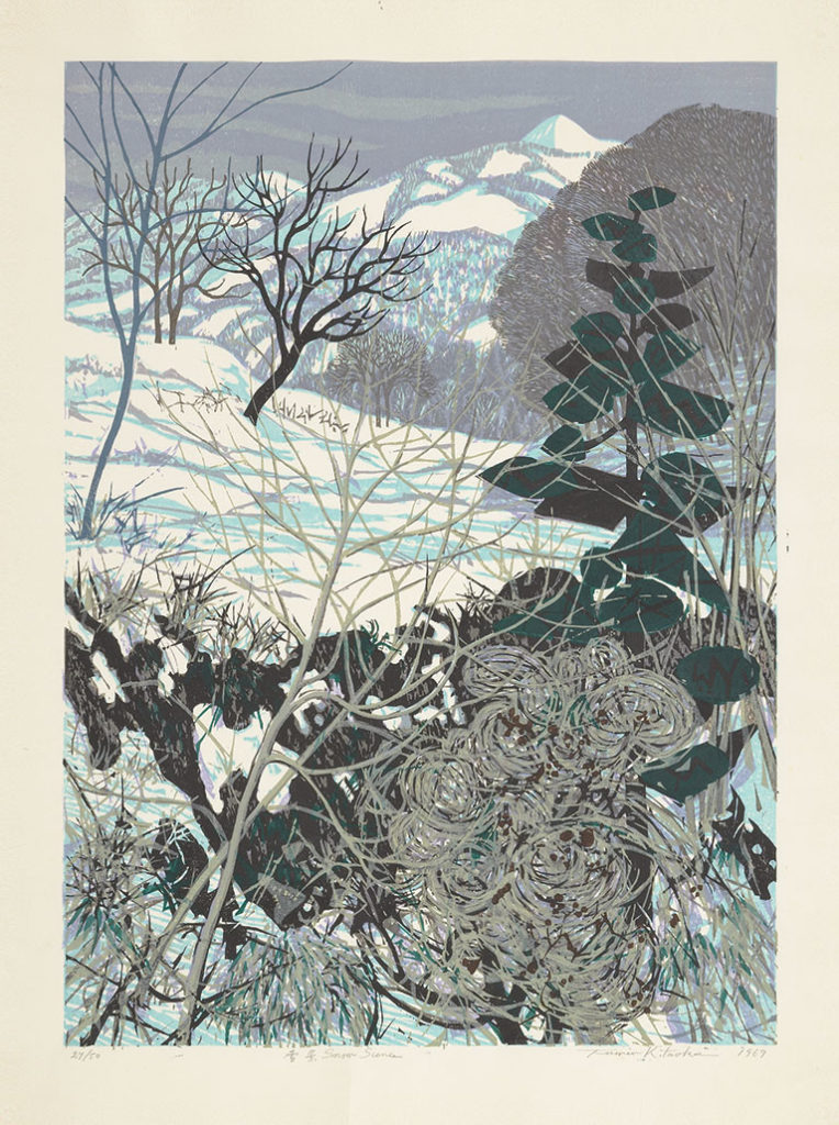 A painting of a snow scene with mountains in the background