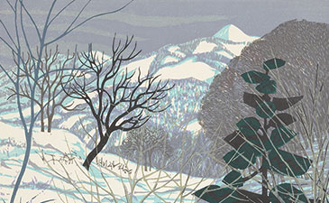 A painting of a snow scene with mountains in the background