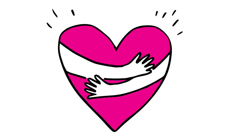 An illustration of a heart with arms wrapped around hugging it.