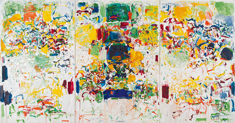 A colorful abstract painting that covers 3 canvasses