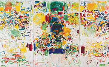 A colorful abstract painting that covers 3 canvasses