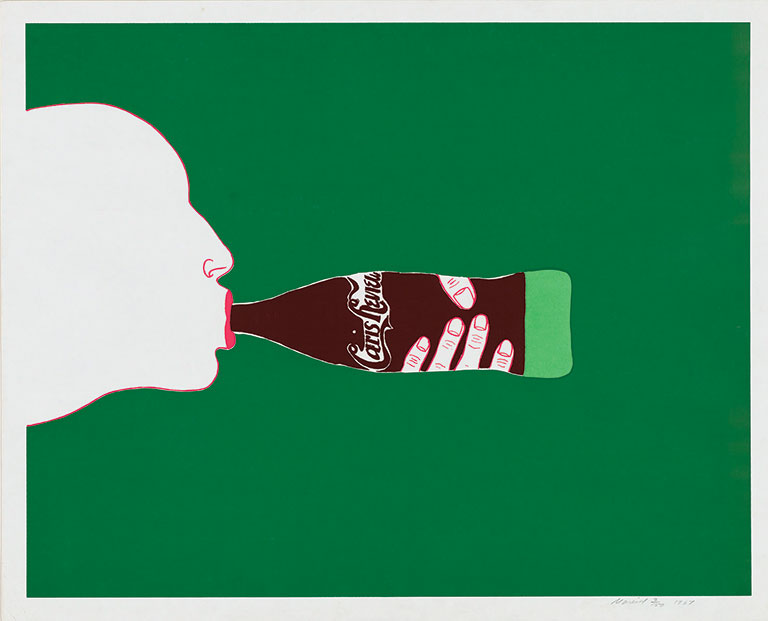 A painting of a person's head with a hand holding a bottle of coke in their mouth