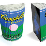 A replica of Andy Warhol's Campbell Soup painting made from legos.