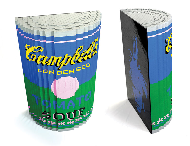 A replica of Andy Warhol's Campbell Soup painting made from legos.