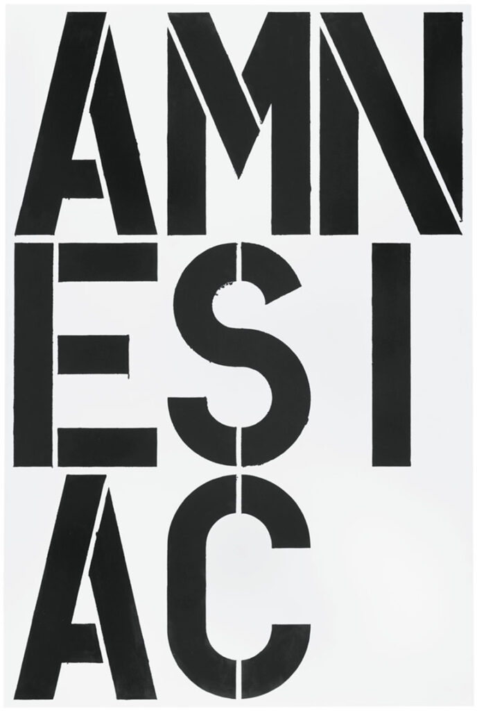 A painting with large black letters spelling out Amnesiac stacked on top of each other on a white background.