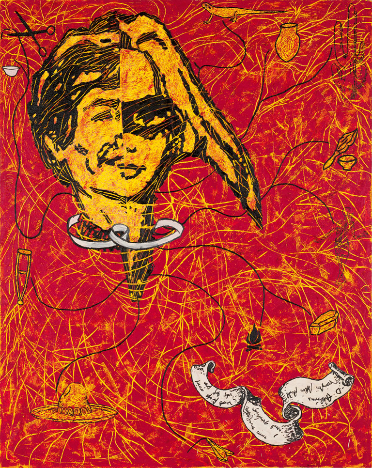 A large abstract paining with a red background surrounding a human head with black lines extending from it attached to objects.