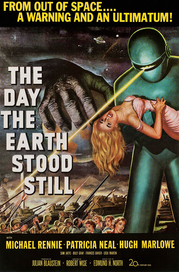 A dramatic movie poster featuring an alien and a woman, with soldiers and a city in the background. Title: "The Day the Earth Stood Still."